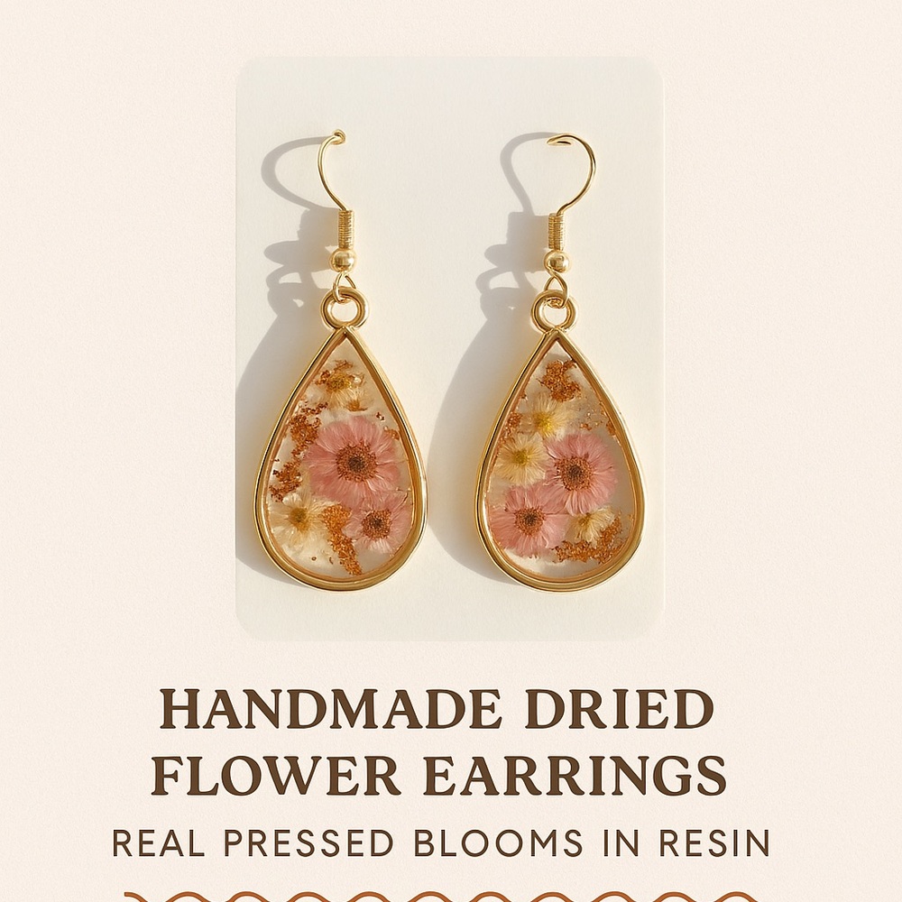 Handmade Dried Flower Earrings with Gold Accents